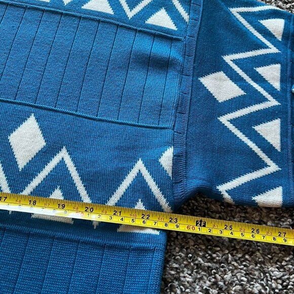 Demetre Blue White 100% Wool Sweater Mens XL 90s Geometric Retro Winter Pullover - Picture 4 of 8